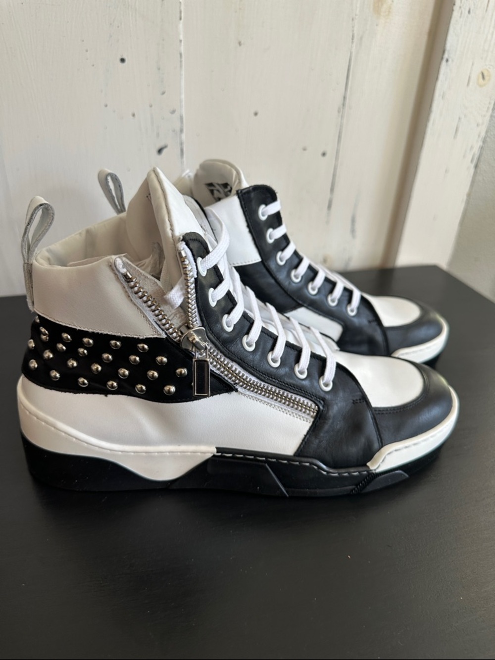 Top Fuel ( Steven Pearcy) Italian Black and White Studded Leather Sneakers